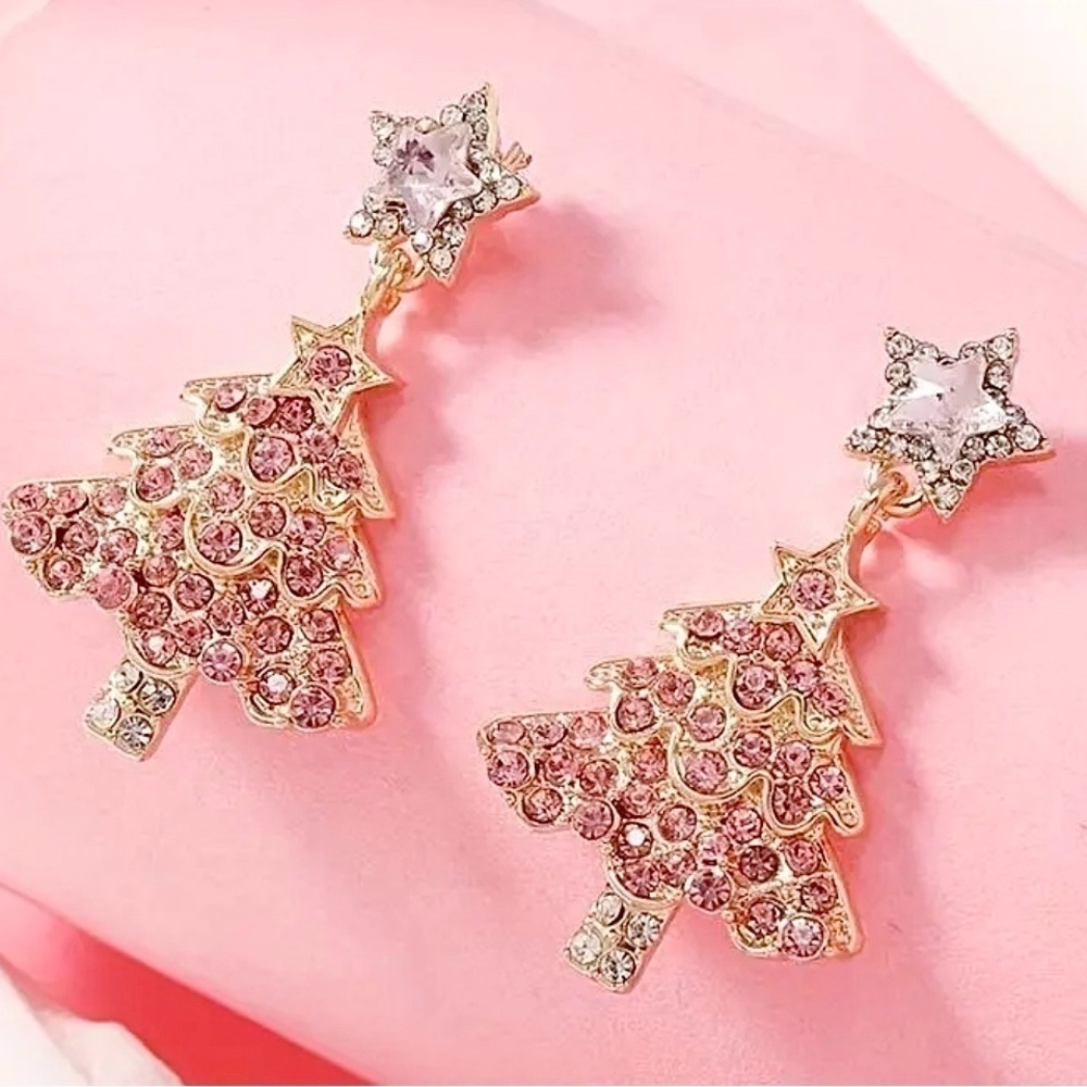 New Pink & Clear Gold Tone Christmas Tree Rhinestone Crystal Earrings - 1.50”
